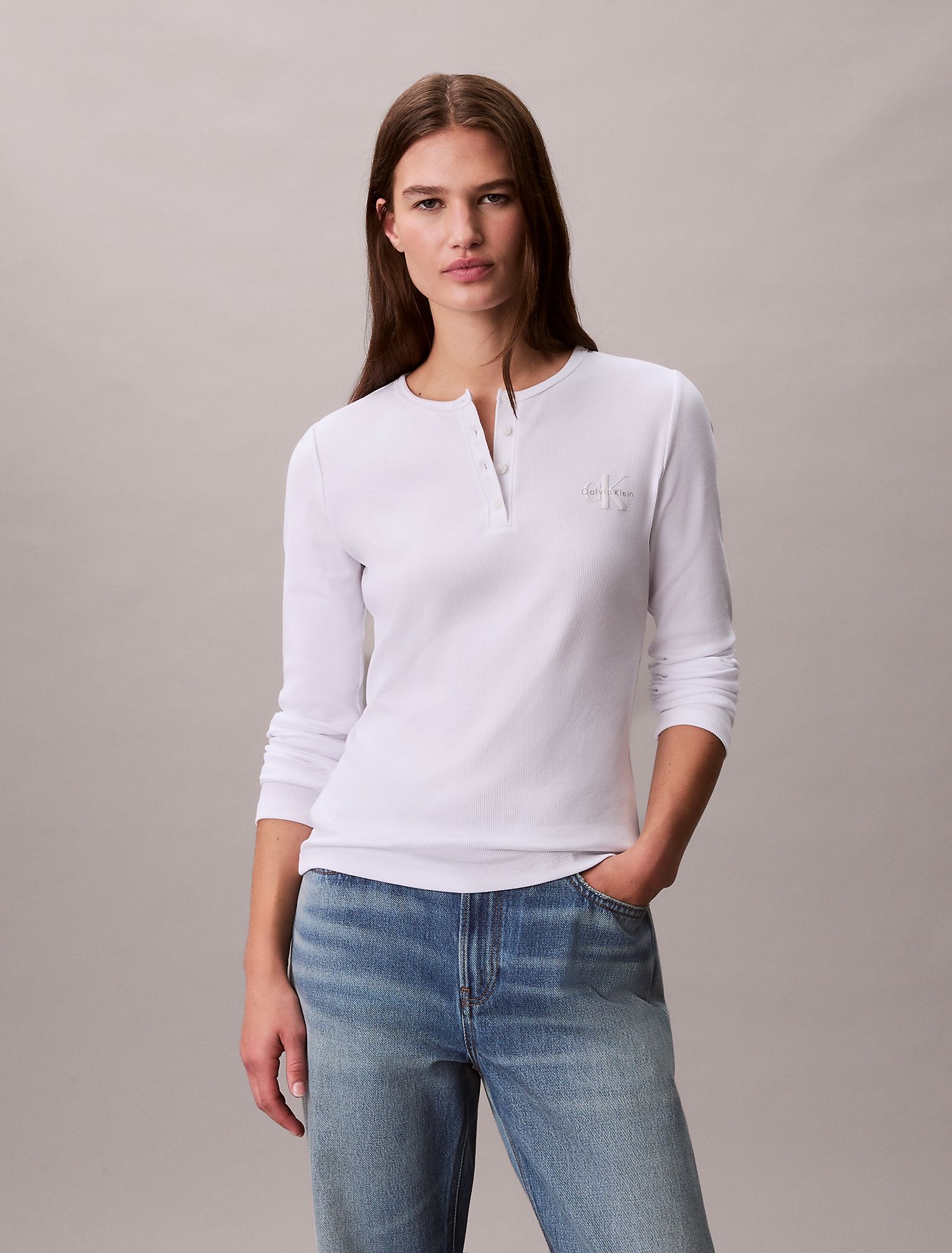 Лонгслив Calvin Klein Monologo Rib Henley Brilliant White