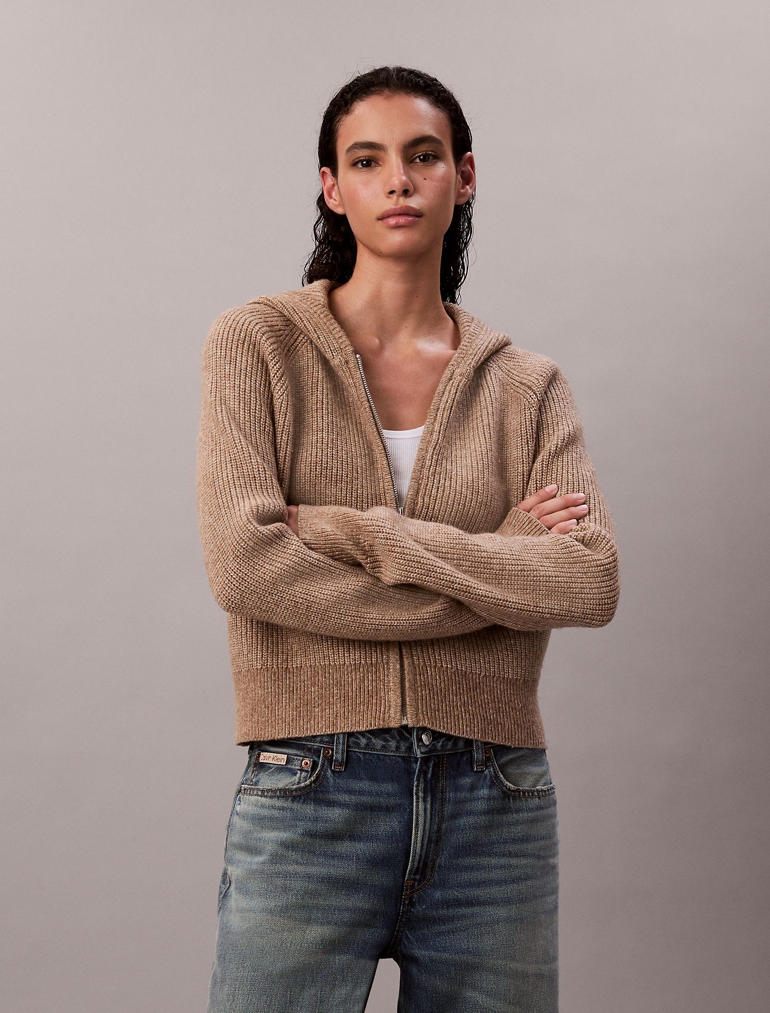 Кардиган Calvin Klein Sweater Rib Zip Hoodie Amphora Melange